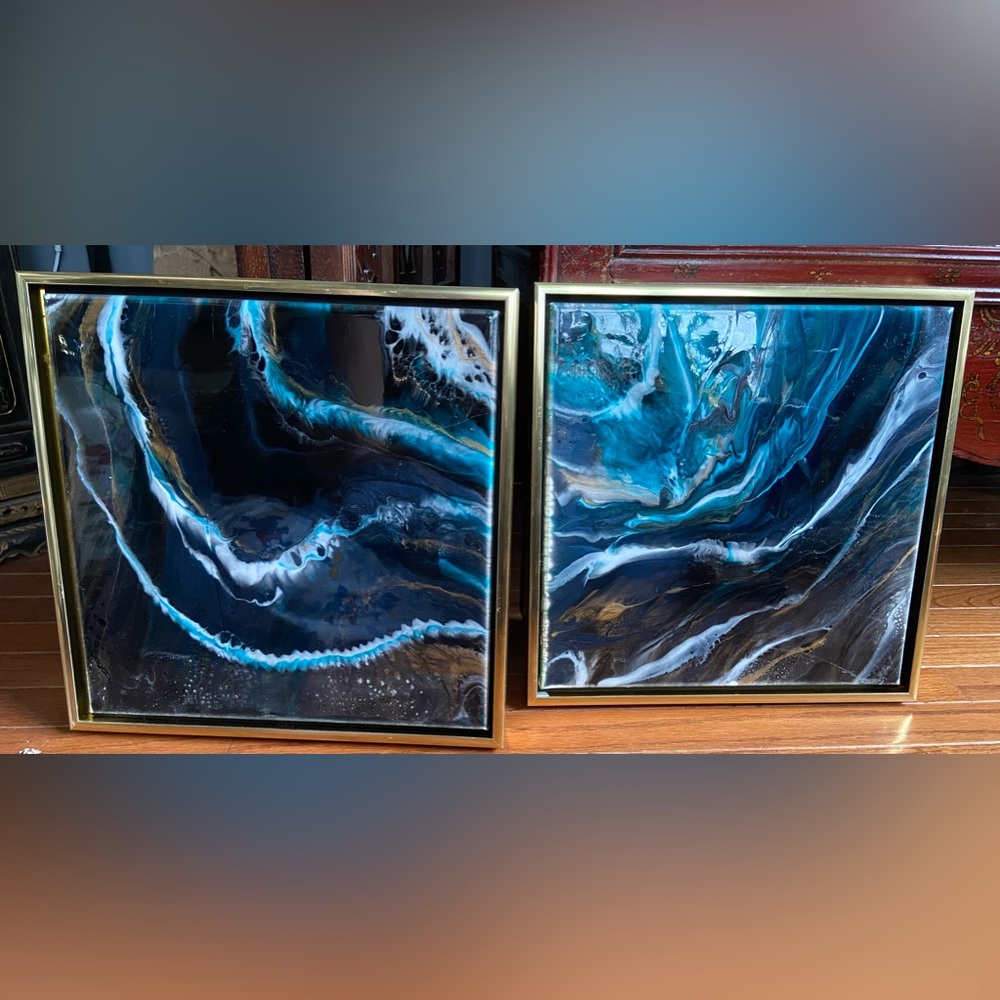 Blue Gold Tone Resin Fluid Painting Set in Gold Tone Frames